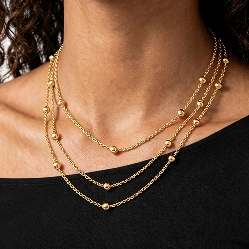 Women's 3-Layer Stackable Bead Necklace, 18K Golden Plated